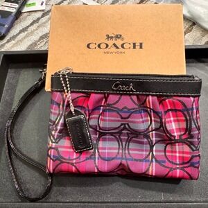 Coach Pink and Black Tartan Plaid Signature Logo Wristlet Clutch Bag With Box